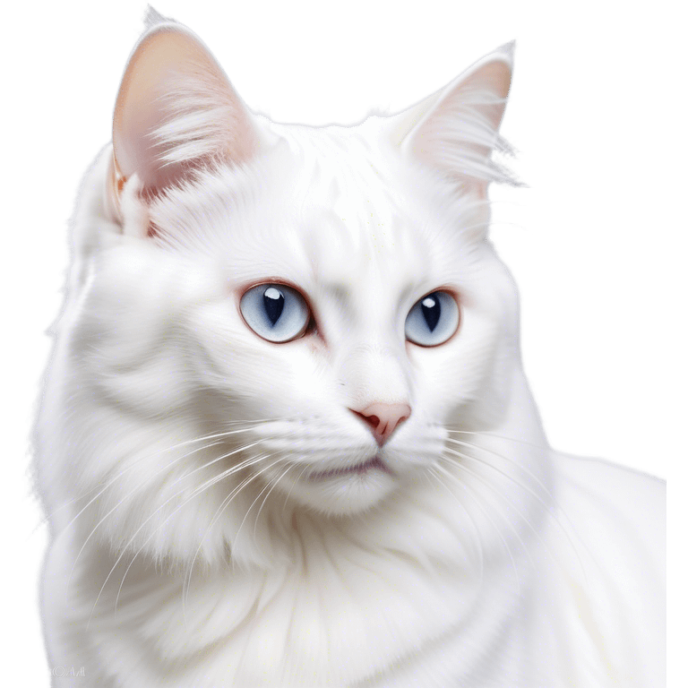 Cinematic Noble White Cat Portrait Emoji, Poised and stately, with a pristine, snow-white fur accented by delicate hints of silver, refined whiskers and a serene, focused gaze, simplified yet impeccably detailed, glowing with an ethereal radiance and timeless elegance, high shine, exuding calm intelligence and regal simplicity, soft glowing outline, capturing the essence of a noble white cat that radiates quiet majesty! emoji