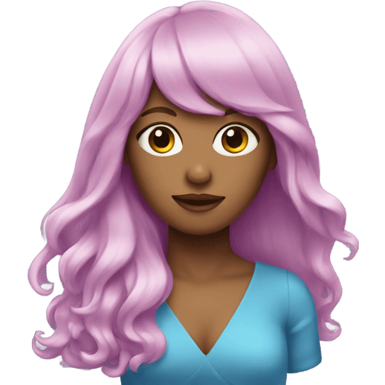 Pink long hair woman with bangs and blue dress  emoji