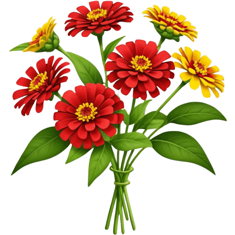 bouquet red Yellow Zinnia, luxuriant, stem, leaf emoji