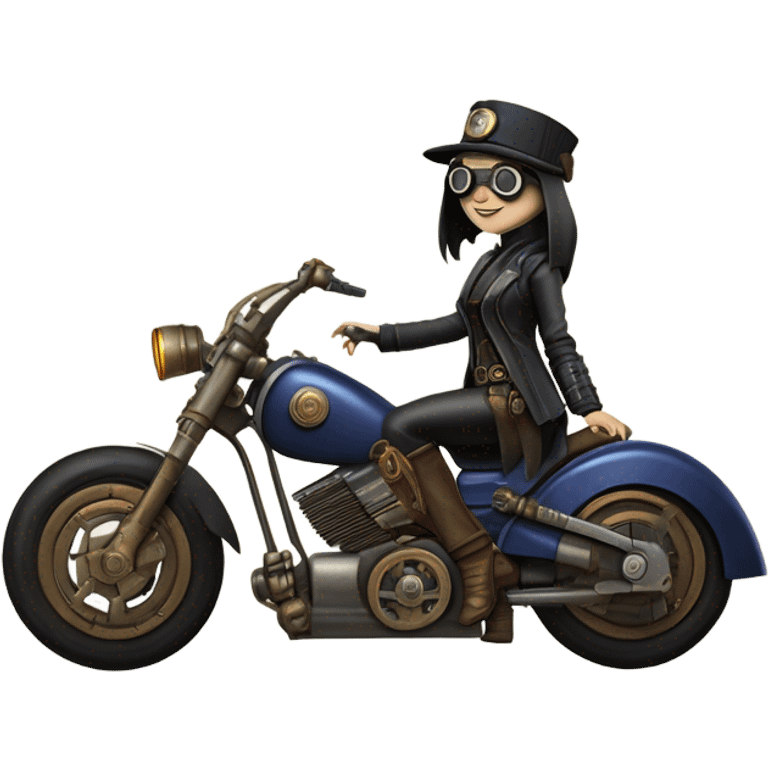 Bounty hunter Wednesday Addams Jedi wearing a pair of navy-blue rimmed steampunk goggles, hat, leather chaps, fringe jacket riding a relaxed distressed sci-fi 3 wheeled steampunk electric motorcycle with large fenders and saddlebags in desert town  emoji