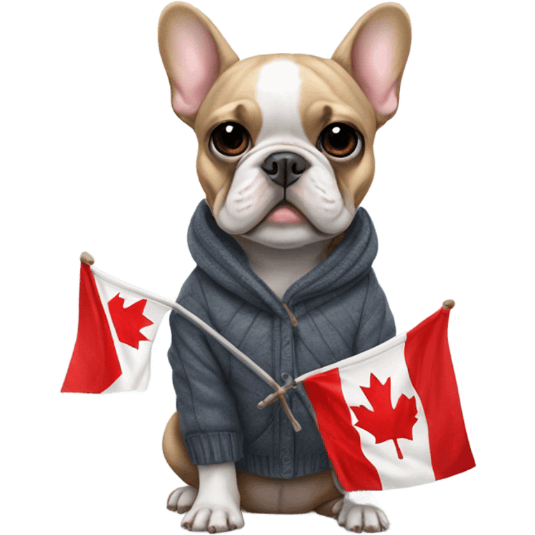 French bulldog in winter clothes holding a Canadian flag emoji