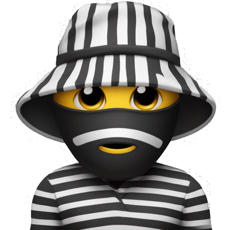 Robber Emoji with a back hat and a back mask that only covers his eyes with a striped black and white shirt emoji