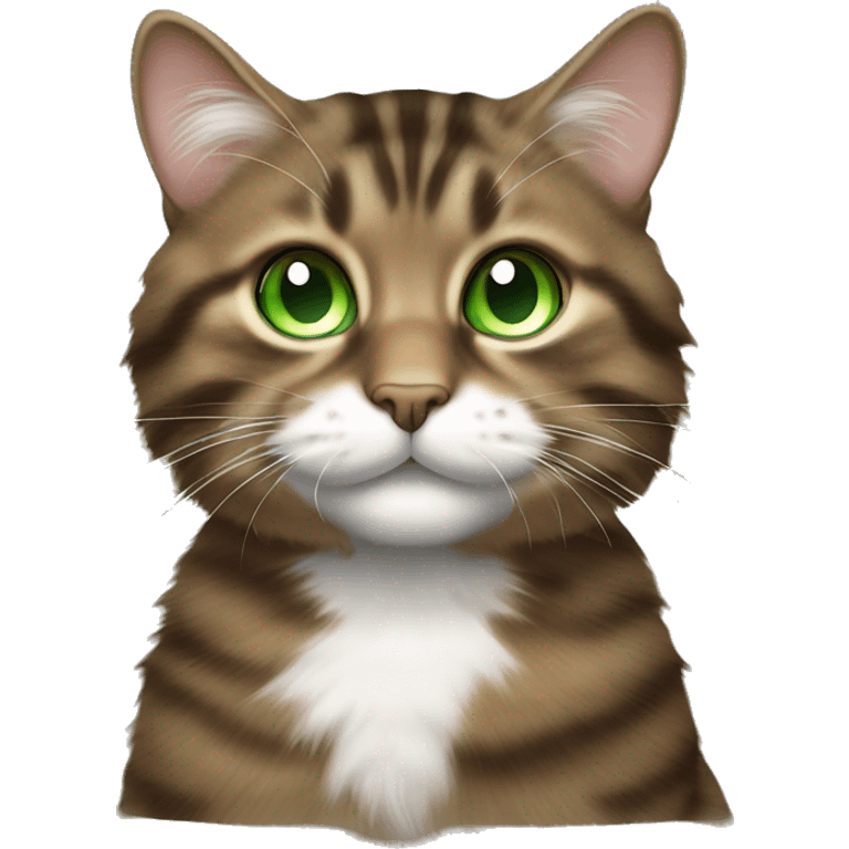 Cheeky fluffy brown tabby cat with white nose and soft green eyes  emoji