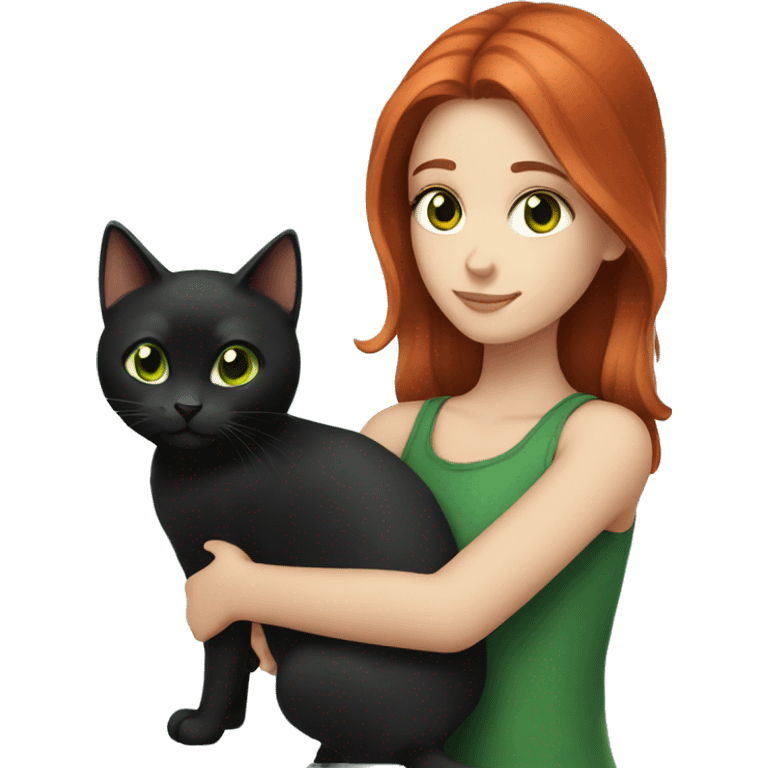 girl with red hair and brown eyes holding a black cat with green eyes emoji