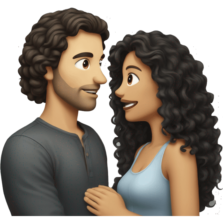 White Man with dark hair kissing white woman with long dark curly hair emoji