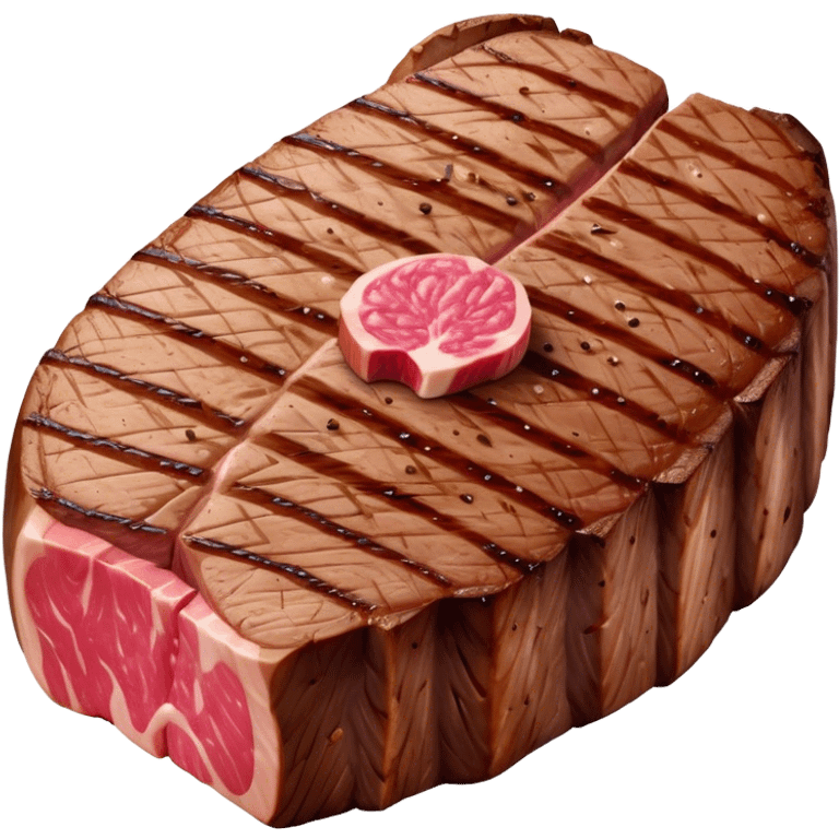 Cinematic thick-cut steak, perfectly seared with grill marks, a juicy pink center, rich and savory, warm glow, sizzling and mouthwatering, highly detailed and appetizing. emoji