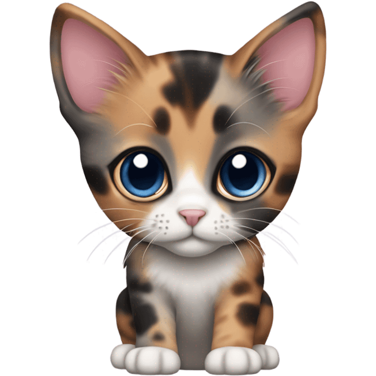 Cute, dusty rose, dark grey and white tortoiseshell kitten. Full view of cat. Deep blue eyes and pink nose emoji