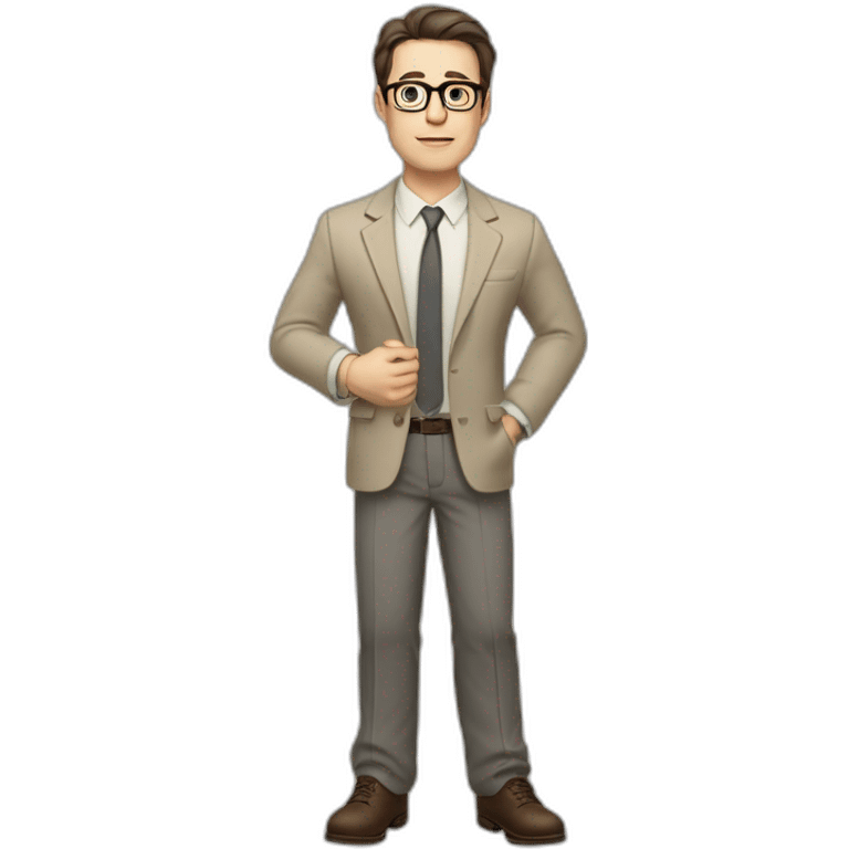 Full height Gesticulating Pale skinned fit man with dark brown hair in gray jacket, beige office shirt, brown tie, brown pants and vintage glasses. emoji