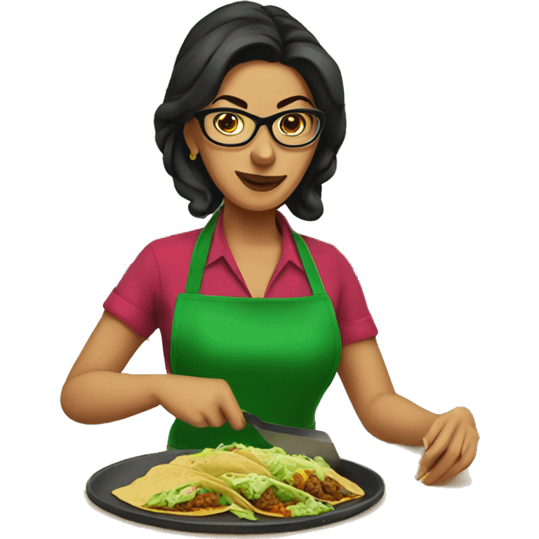 mexican lady green apron  with glasses cooking tacos emoji