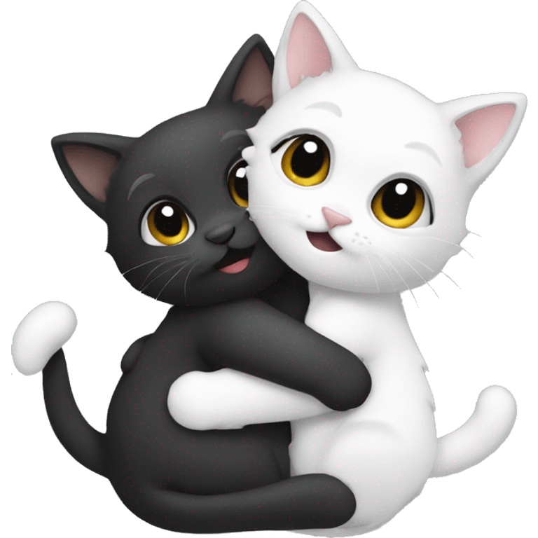 Two kittens are hugging, one is white, the other is black emoji