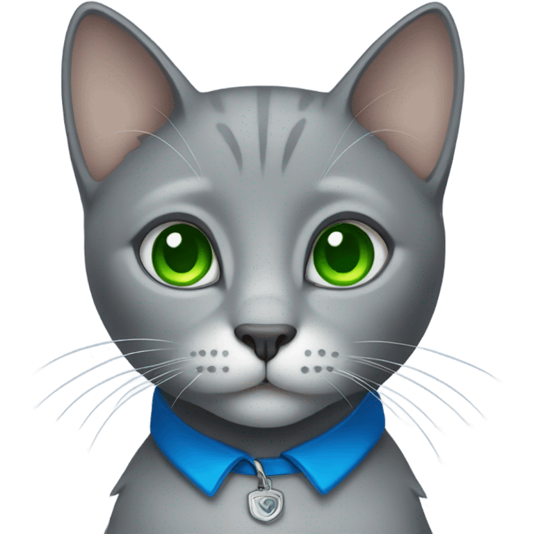 Grey cat with green eyes and blue color emoji