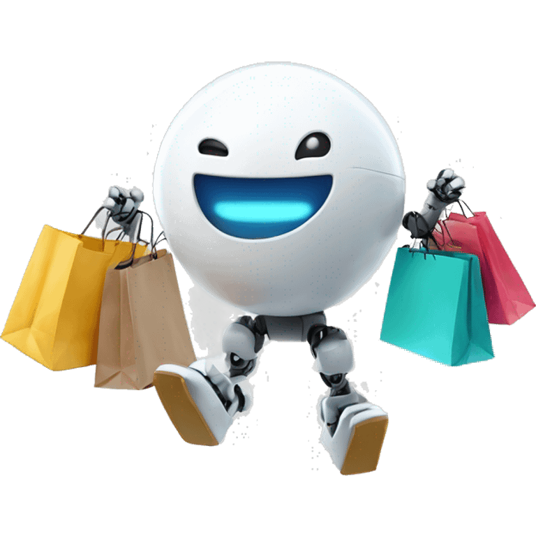 cute white floating spherical happy robot with floating shopping bags emoji