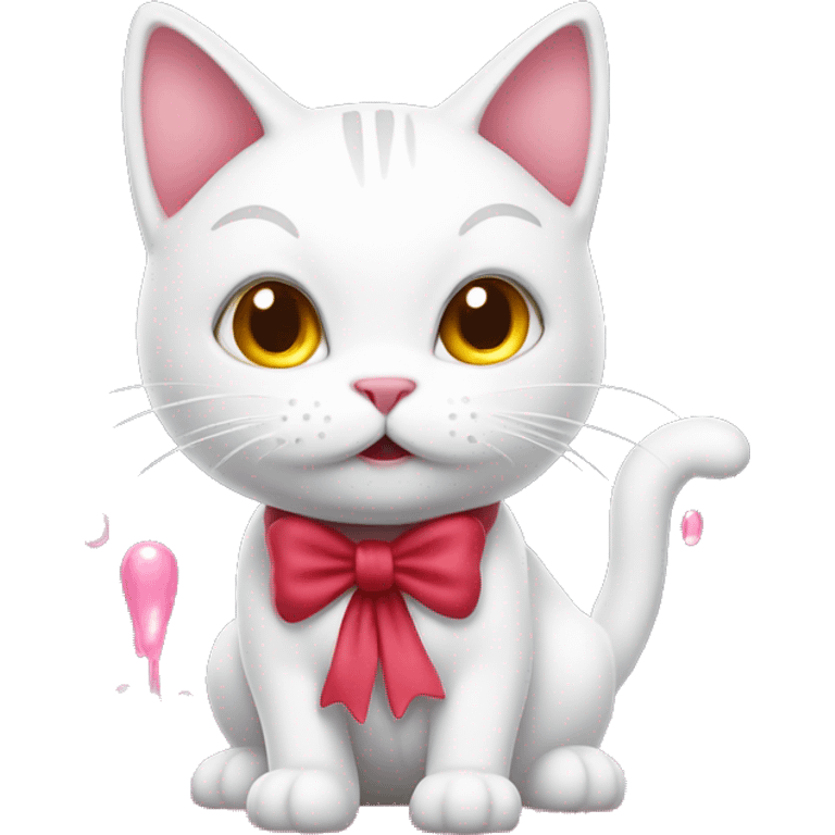 A white cartoon cat hello ki with a red bow on its left ear, looking disgusted, a stream of pink liquid from its mouth emoji