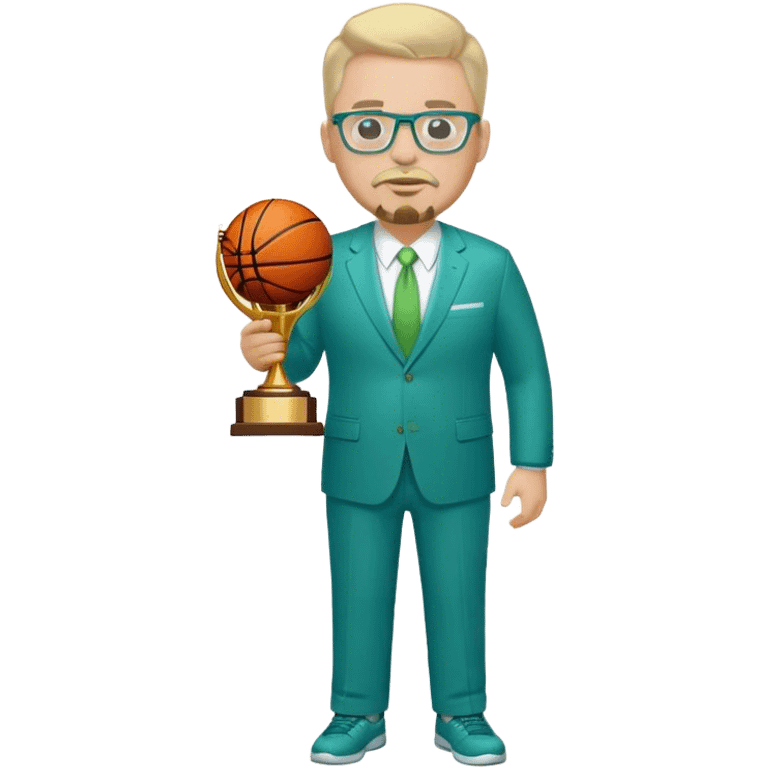 Full Body white fat male  wearing glasses with a goatee with light blonde gray very short hair basketball head Coach in blue and green suit holding trophy emoji