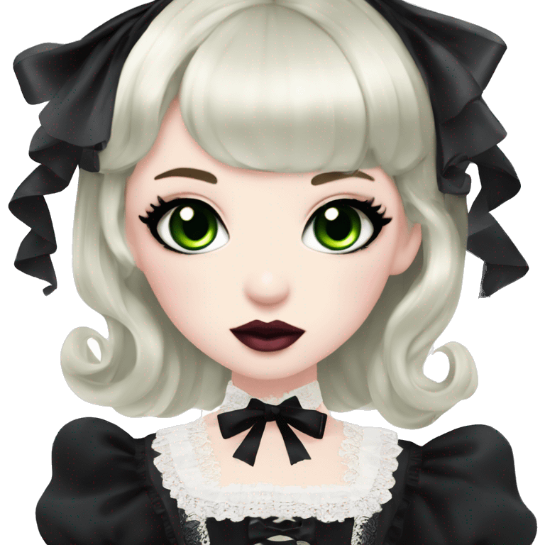 pale woman with black hair, pink lips and eyeshadow, long eyelashes, green eyes, black Lolita dress with laces and ribbons, gothic Lolita doll look emoji