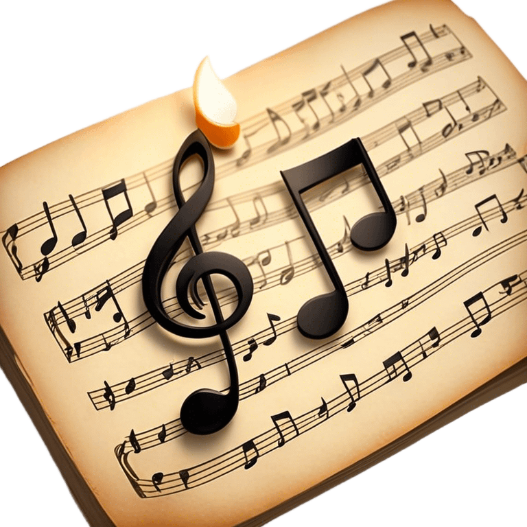 Cinematic Realistic Music Notes, crisp black ink on vintage sheet music, slightly curled edges, soft candlelight casting subtle shadows, glowing with an artistic and nostalgic charm. emoji