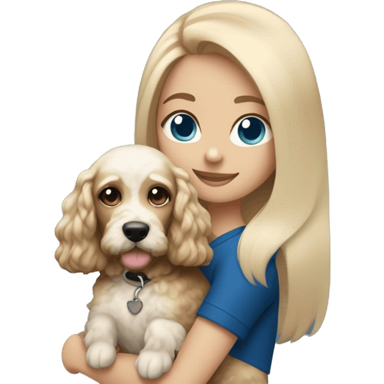 straight blonde hair and dark blue eyed girl holding a white and brown cockapoo dog emoji