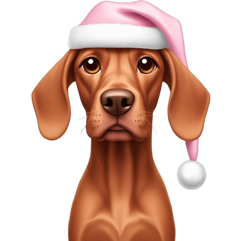 A vizsla dog with a light pink Christmas hat emoji