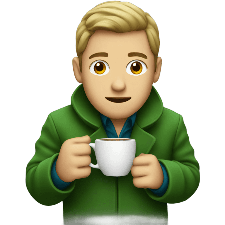 man in green coat sitting drinking coffee emoji