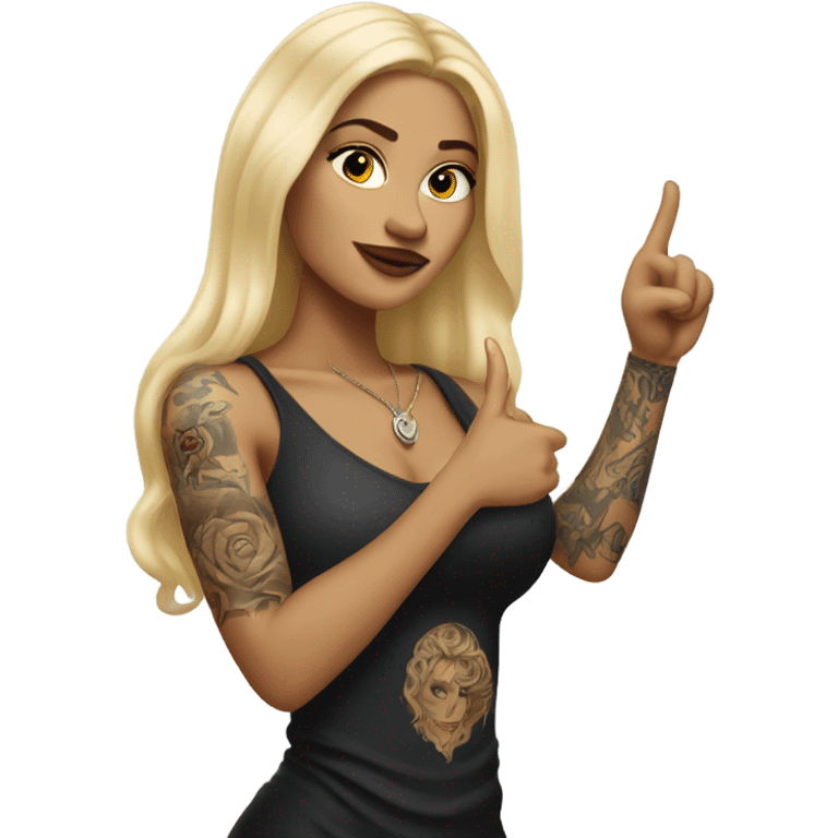 Blonde elegant women with LONG HAIR, her Body Covered with Tattoos, POINTING YOU FORWARD with her HAND with INDEX FINGER, Hyper Realistic emoji