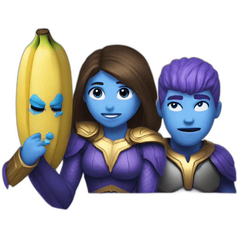 A blue banana and a thanos crying and a girl biting that blue banana emoji