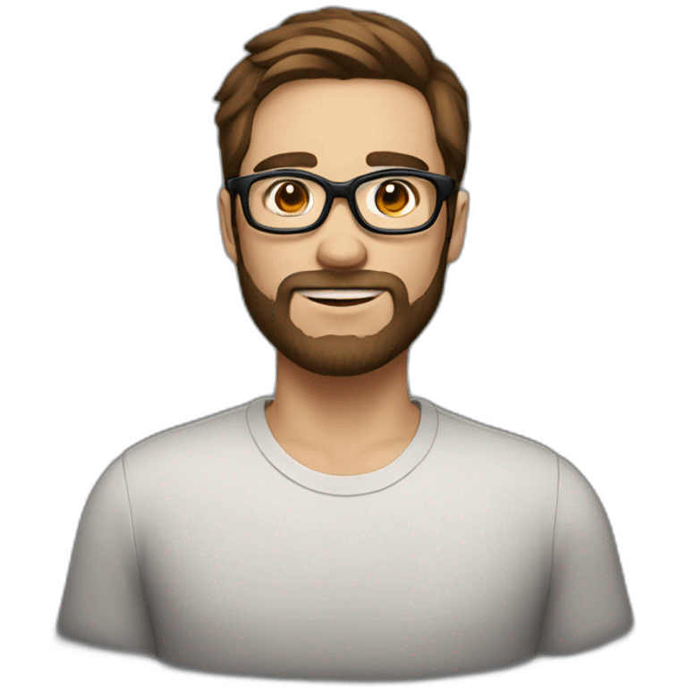 Male, with brown hair and brown beard, thick eyebrows and black sight glasses emoji