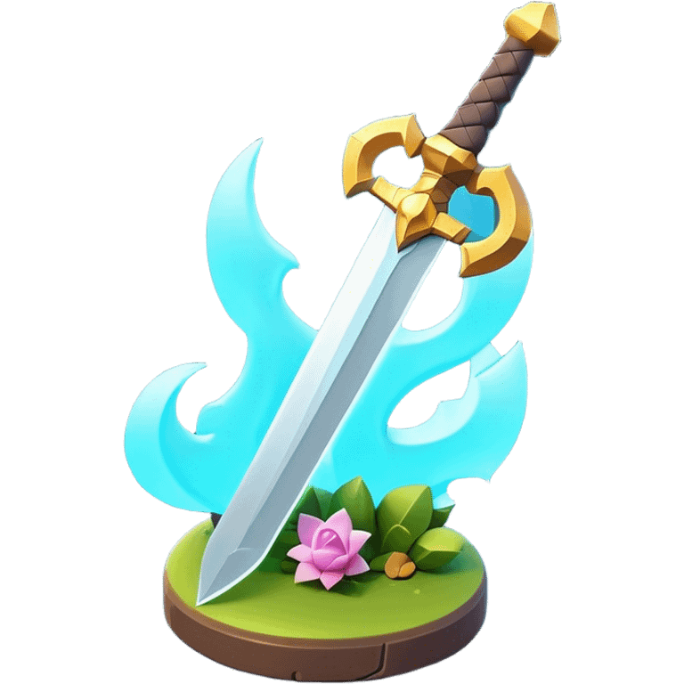 Clash of Clans aesthetic: Cinematic Playful 3D Isometric Sword Emoji, rendered in a 3D vector-style similar to standard emojis with minimal shading and bold, simplified shapes. A compact, distinct form with signature details, softly glowing with a fantasy RPG magic charm. Simplified yet unmistakably iconic, highly detailed and consistent, glowing with a soft radiance and high shine. Stylized with a touch of heroic grandeur and a soft glowing outline, capturing the essence of a beloved gaming relic with a friendly, playful manner! emoji