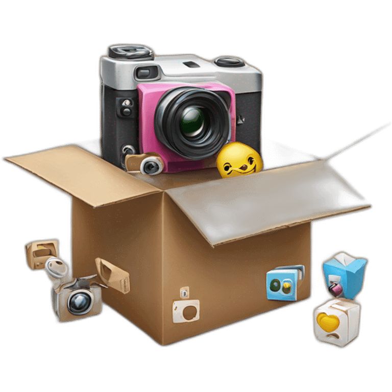 Video Camera, Instagram YouTube icons fly out from the Cardboard box emoji