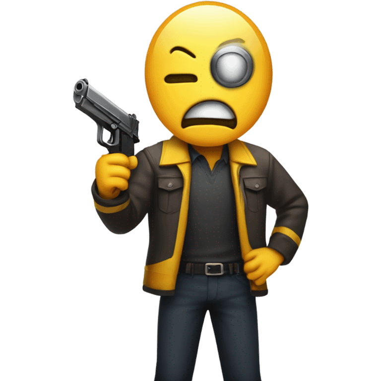 A yellow-faced emoji with a gun saying with a text bubble saying no I'd win looking angry emoji