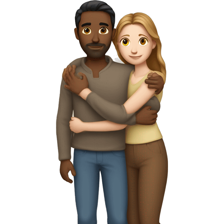 Couple hug, white woman with brown hair and Indian man with fair skin emoji