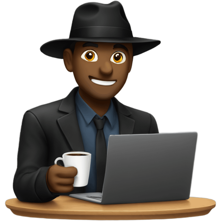 Guy in black hat drinking coffee and has laptop  emoji