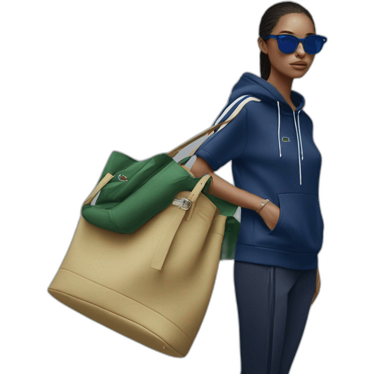 Lacoste bag girl with black lacoste hoodie e and blue oakley sportive sunglass  emoji