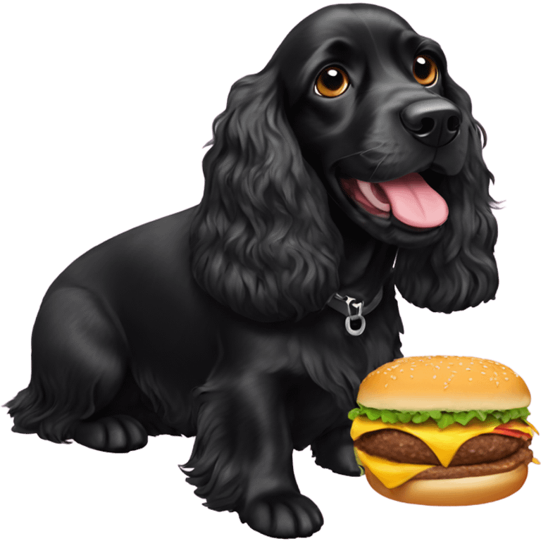 Black cocker spaniel eating a cheeseburger emoji