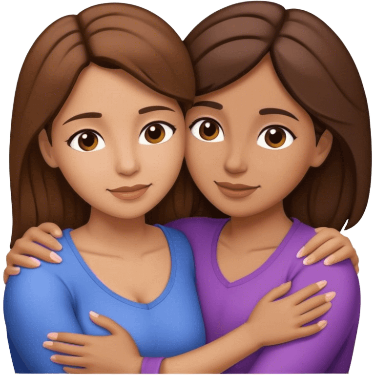 Hispanic mother and daughter brown hair hugging emoji