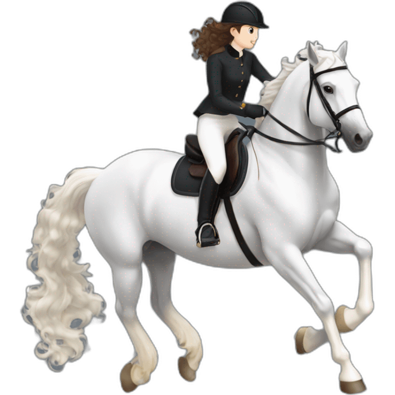 a BLACK HORSE JUMPING AN OBTACLE, THE HORSE HAS A WHITE BLAZE AND THREE WHITE SOCKS. tHE HORSES RIDER IS A YOUNG FEMALE WITH LONG CURLY BRUNNET HAIR emoji