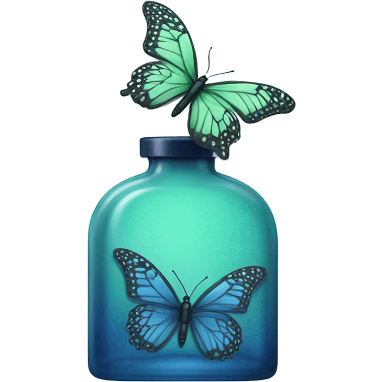  pastel green butterfly resting on an elegant blue perfume bottle with fork dark blue details. emoji