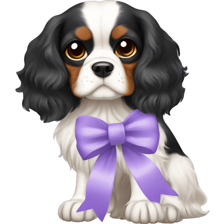 cavalier king charles spaniel color black wit tan with a lavender bow emoji