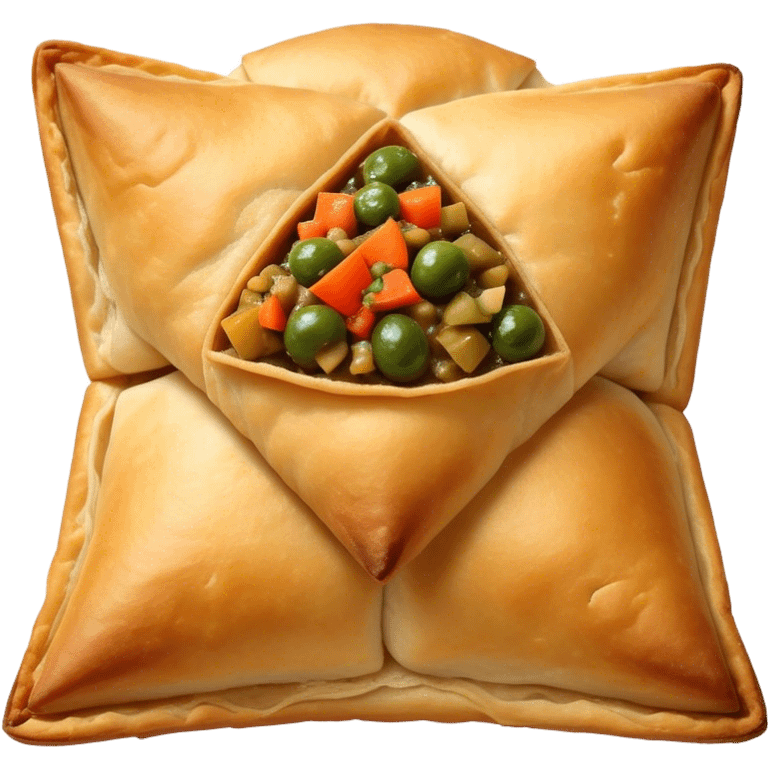 Samosa Cinematic Realistic Samosa Snack Emoji, depicted as a crispy, golden triangular pastry filled with spiced vegetables or meat, rendered with rich textures and vibrant, appetizing lighting. emoji