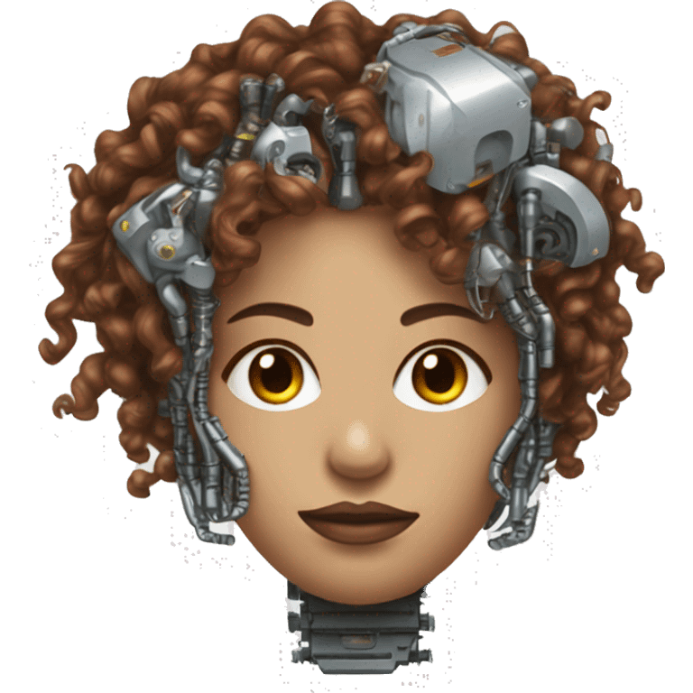 metal female cyborg head with brown curly hair and circuitry emoji