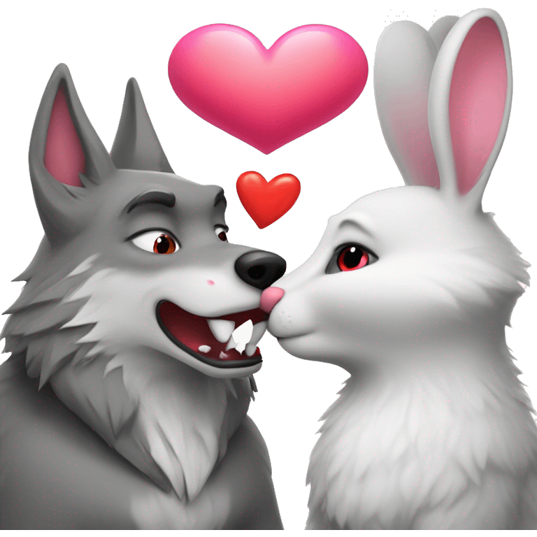 Old Wolf kisses a white Bunny who has pink ears, with big red heart between them emoji