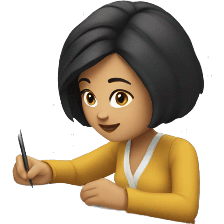 white woman with short black hair writing  a notebook on a desk emoji