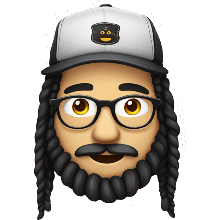 Guy with black dreadlocks tied behind head, with big frame glasses, with beard and mustache, a trucker hat, nose ring, chubby cheeks, big smiling showing emoji