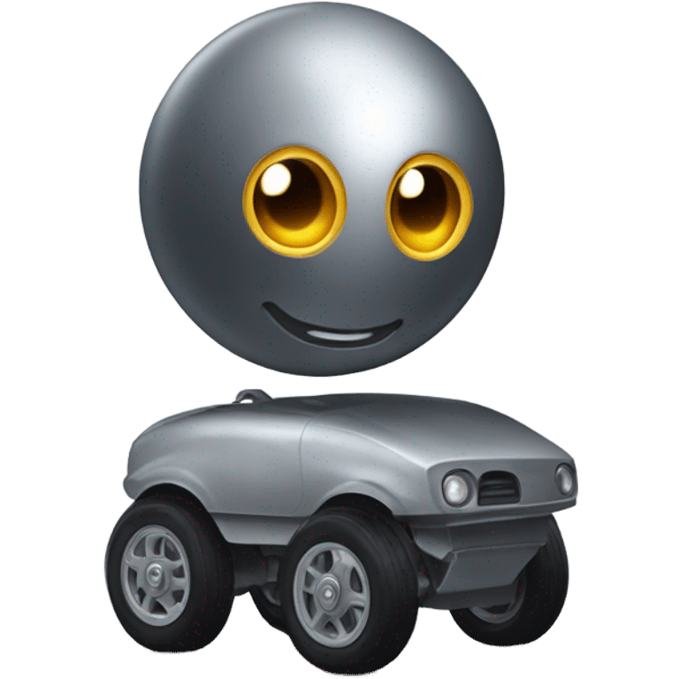 Metal ball with oval-shaped eyes driving on 4 car wheels emoji