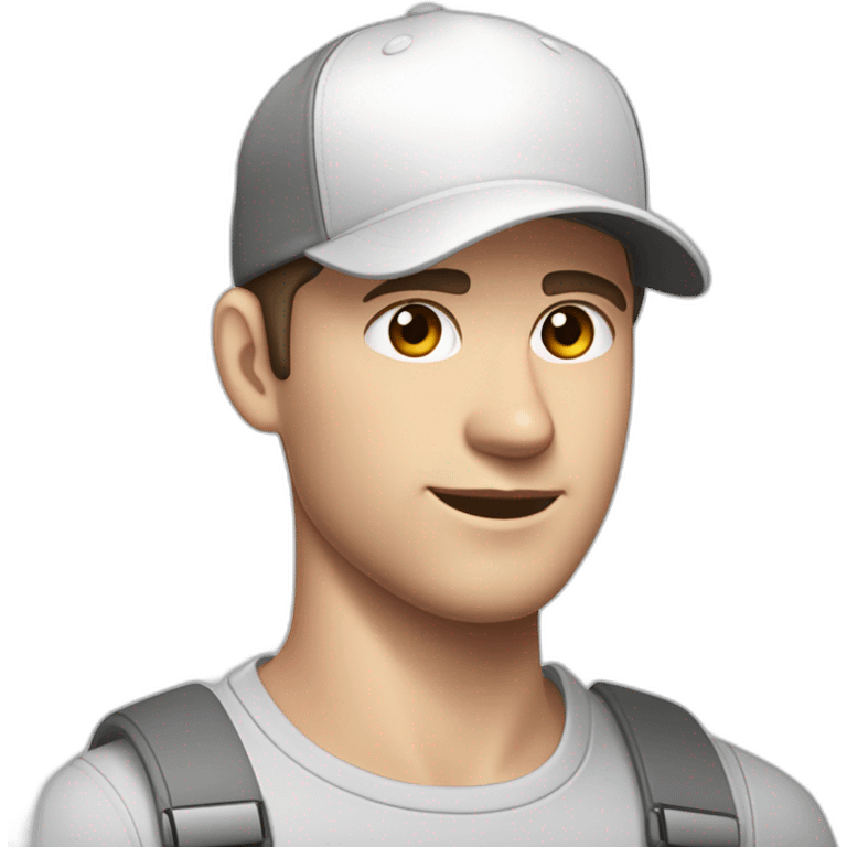 Pale skinned fit Man with dark brown hair in a white cap, gray jeans and gray polo T-shirt keeping a pasted with tape white box into his hands emoji