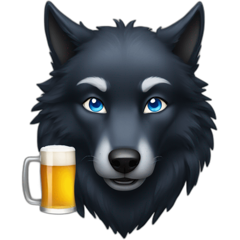 black wolf with blue eyes drinking a beer emoji