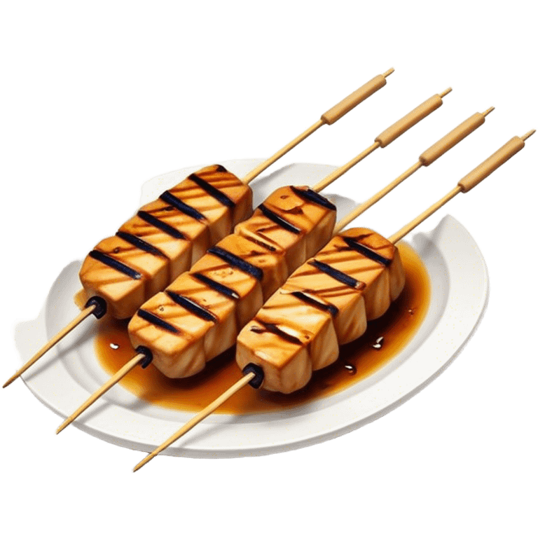 Cinematic Realistic Yakitori Dish Emoji, depicted as skewered, grilled chicken pieces with a charred finish rendered with crisp textures and appetizing, natural lighting. emoji