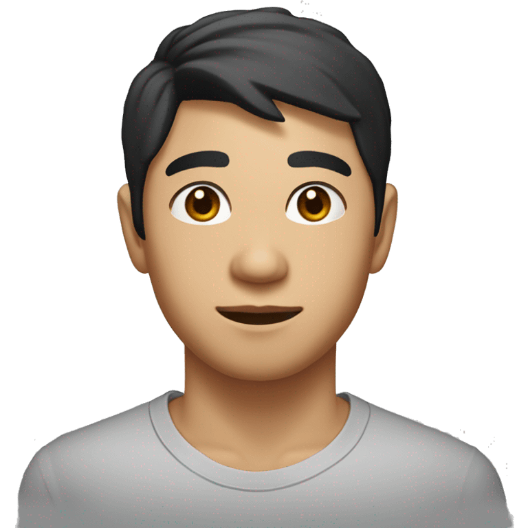 A head and shoulders shot of a 32 year old Asian man, with short black hair,   with brown eyes wearing a t-shirt. emoji