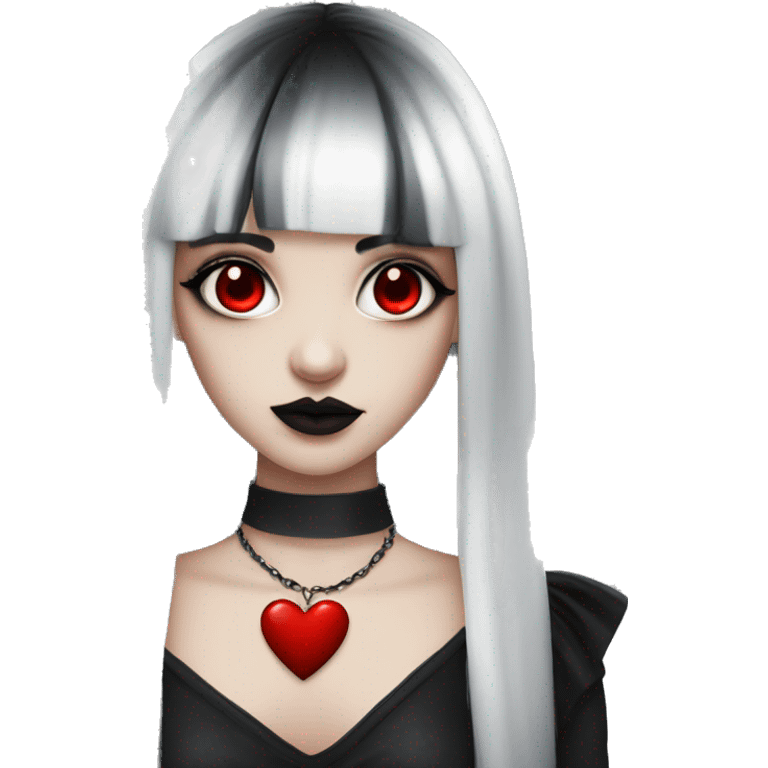 goth girl with long black hair with fringe haircut and red eyes with white skin and goth clothing with red heart necklace emoji