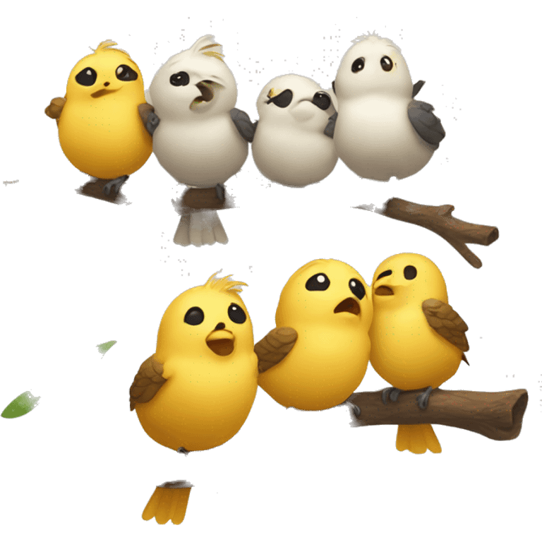 Five round and adorable little birds, chirping away in different directions, perched on a single branch emoji