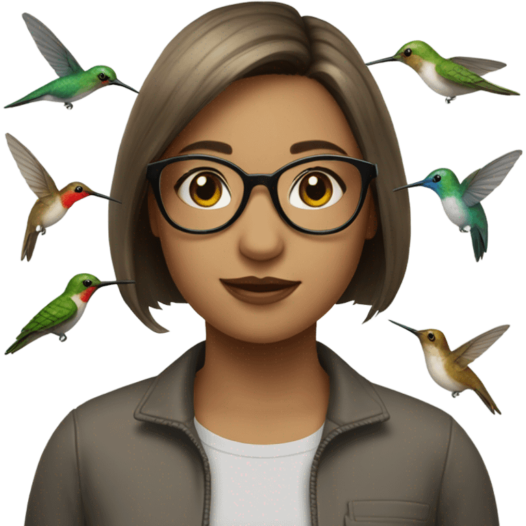 Girl pale , brunette, with short hair, wearing glasses with a hummingbird next to her emoji